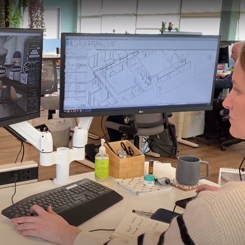 Computer screen displays interior construction technology