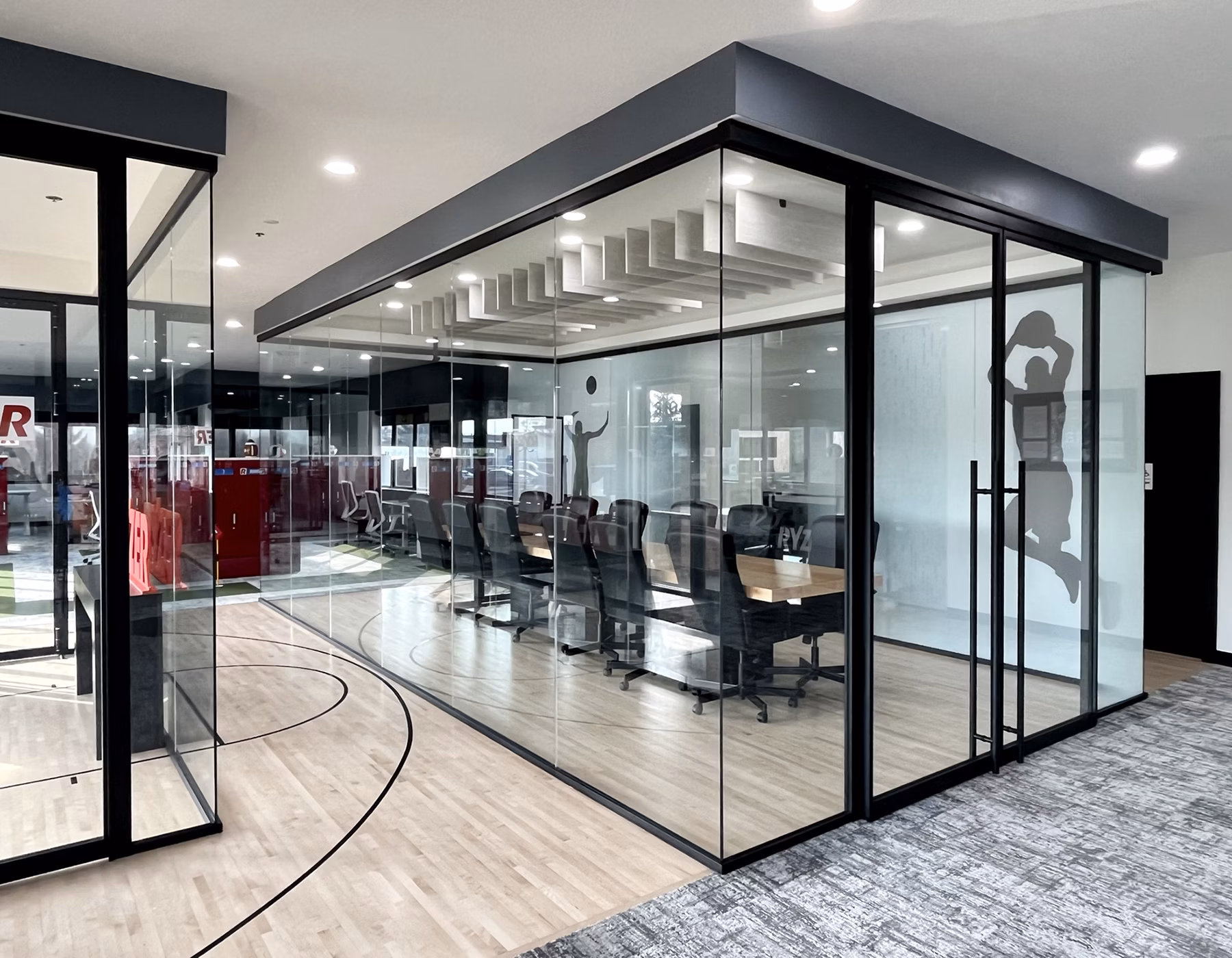office space with glass walls
